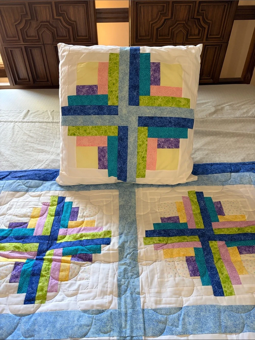 Vintage Handmade Patchwork Quilt with Blue, Green, Purple, Yellow Accents